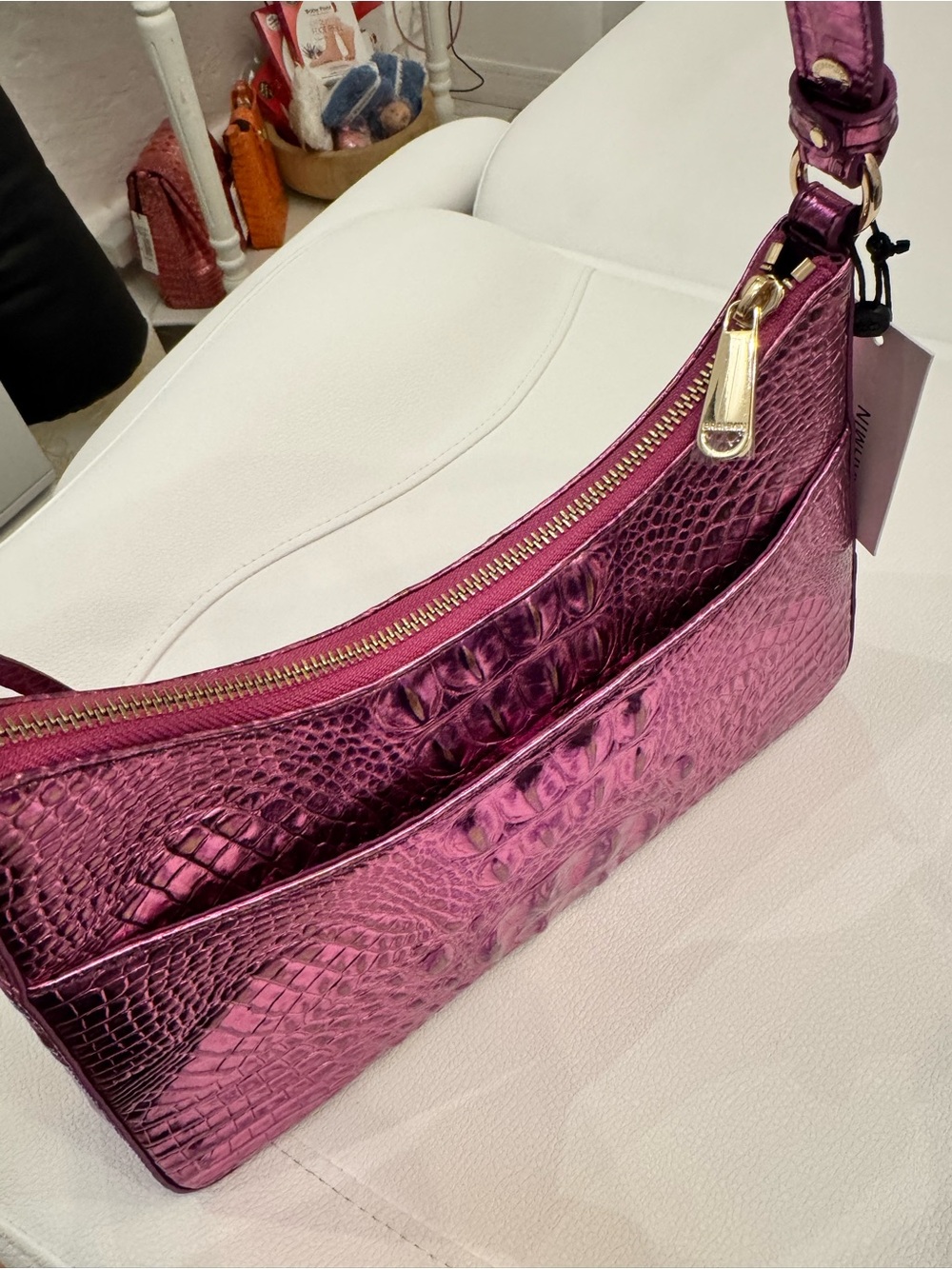 NWT BRAHMIN  Metallic Croc-Embossed Shoulder Bag in Magenta - Picture 4 of 5